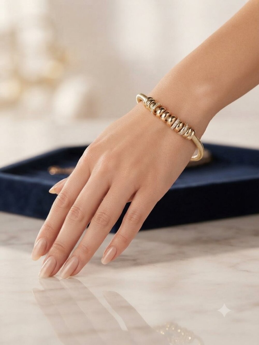 Gorgeous Gold Tone Mesh Bracelet with Rhinestone Beads Elegant Jewelry Gift
